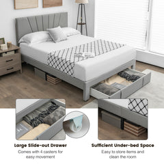 Queen Upholstered Bed with Adjustable Headboard and One 45.5 Inch Slide-Out Drawer, Grey