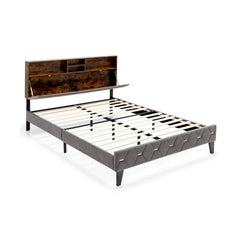 Full Size Upholstered Bed with Lift-Up Bookcase Storage Headboard and 1000 lb Capacity, Grey