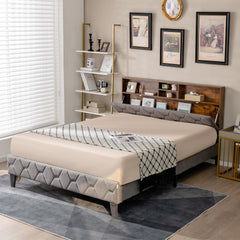 Full Size Upholstered Bed with Lift-Up Bookcase Storage Headboard and 1000 lb Capacity, Grey