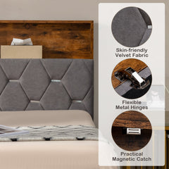 Full Size Upholstered Bed with Lift-Up Bookcase Storage Headboard and 1000 lb Capacity, Grey