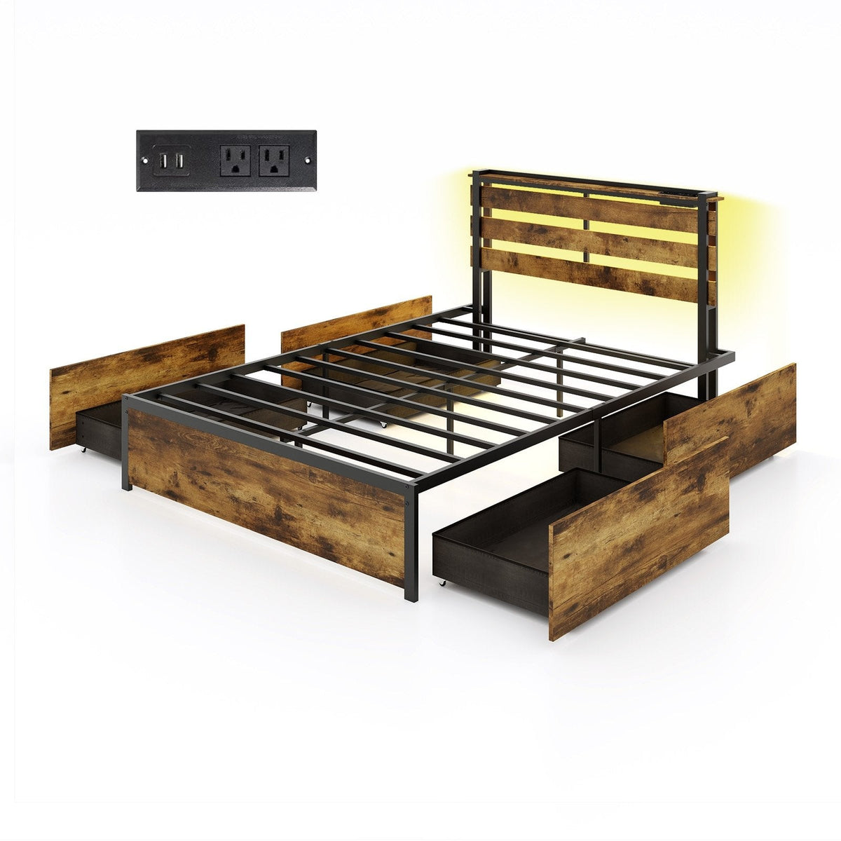 Full Size Metal Bed with Slatted LED Headboard, Display Shelf, 2 USB Ports and 4 Drawers