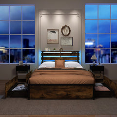 Full Size Metal Bed with Slatted LED Headboard, Display Shelf, 2 USB Ports and 4 Drawers
