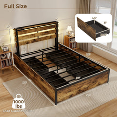 Full Size Metal Bed with Slatted LED Headboard, Display Shelf, 2 USB Ports and 4 Drawers