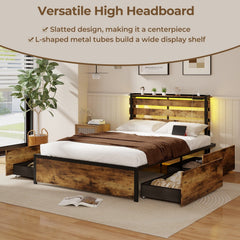 Full Size Metal Bed with Slatted LED Headboard, Display Shelf, 2 USB Ports and 4 Drawers