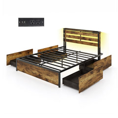 Queen Metal Bed with Slatted LED Headboard, Display Shelf, 2 USB Ports and 4 Drawers
