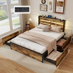 Queen Metal Bed with Slatted LED Headboard, Display Shelf, 2 USB Ports and 4 Drawers