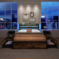 Queen Metal Bed with Slatted LED Headboard, Display Shelf, 2 USB Ports and 4 Drawers