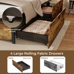 Queen Metal Bed with Slatted LED Headboard, Display Shelf, 2 USB Ports and 4 Drawers