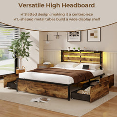 Queen Metal Bed with Slatted LED Headboard, Display Shelf, 2 USB Ports and 4 Drawers