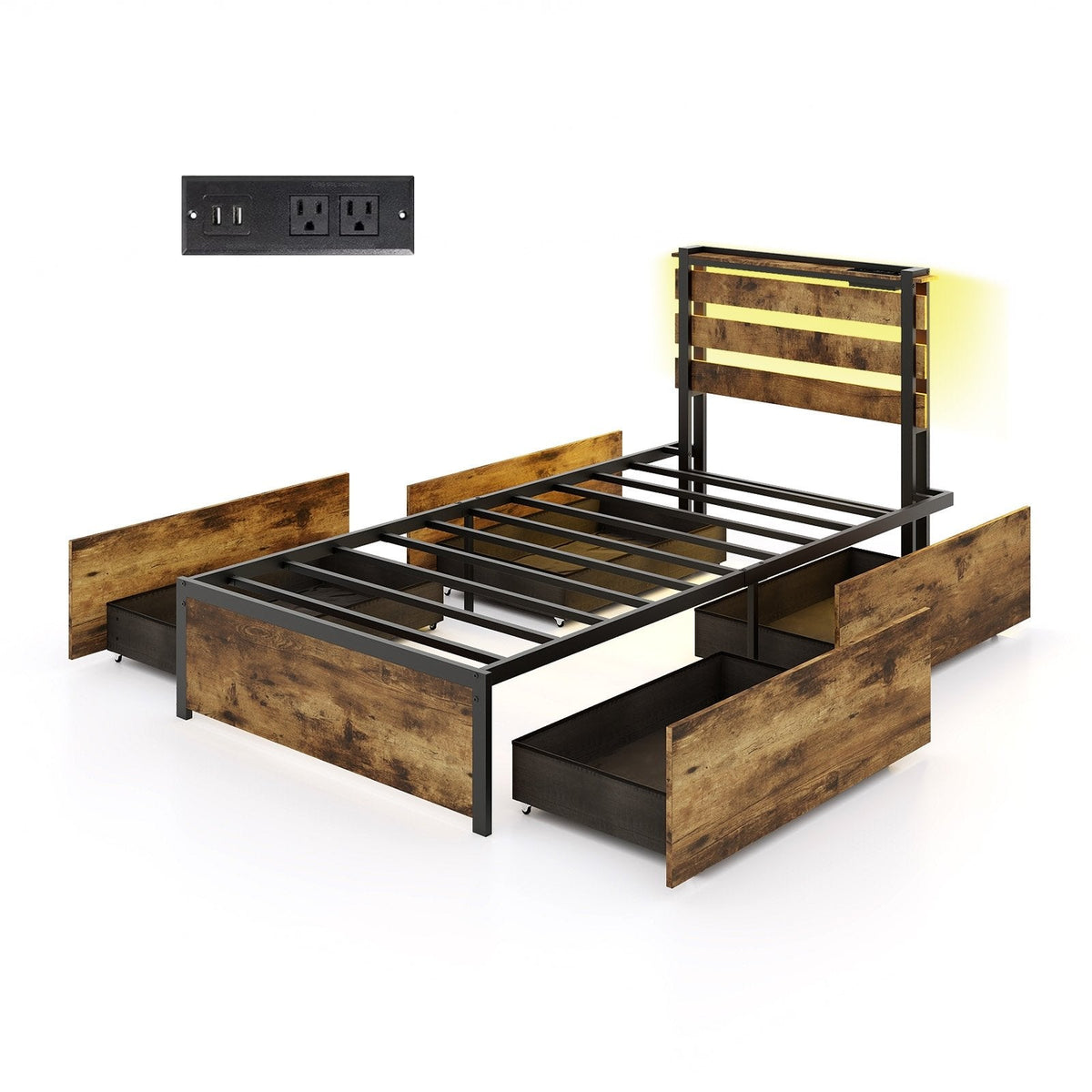Twin Size Metal Bed with Slatted LED Headboard, Charging Station and 4 Rolling Drawers