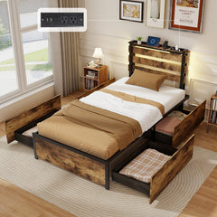 Twin Size Metal Bed with Slatted LED Headboard, Charging Station and 4 Rolling Drawers
