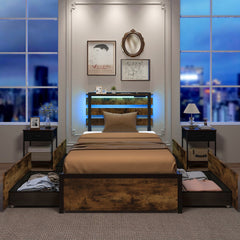 Twin Size Metal Bed with Slatted LED Headboard, Charging Station and 4 Rolling Drawers