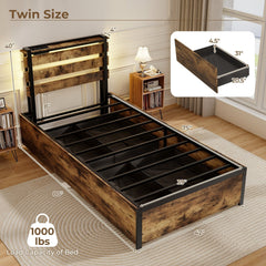 Twin Size Metal Bed with Slatted LED Headboard, Charging Station and 4 Rolling Drawers