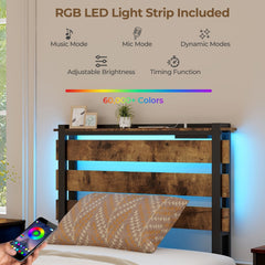 Twin Size Metal Bed with Slatted LED Headboard, Charging Station and 4 Rolling Drawers