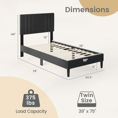 Twin Upholstered Platform Bed with Vertical Channel Headboard and 375 lb Capacity