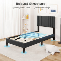 Twin Upholstered Platform Bed with Vertical Channel Headboard and 375 lb Capacity