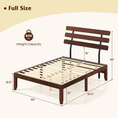 Full Size 15.5 Inch Solid Wood Platform Bed with Sloped Retro Headboard and 12 Inch Clearance