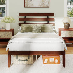 Full Size 15.5 Inch Solid Wood Platform Bed with Sloped Retro Headboard and 12 Inch Clearance