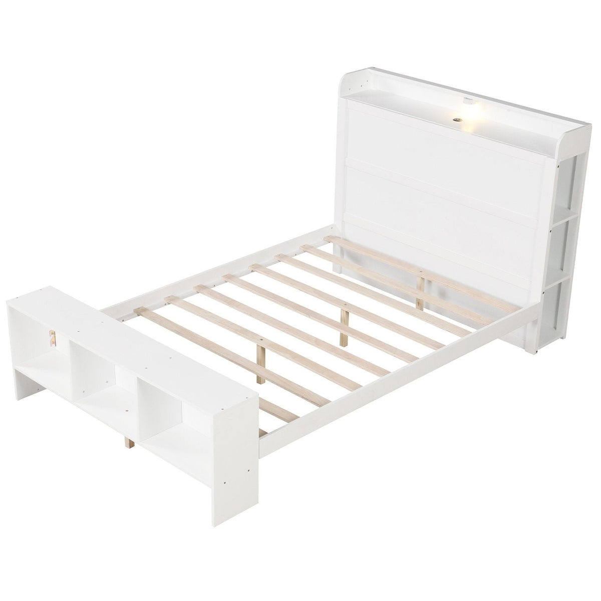Full Size Bed Frame with Storage Headboard and Footboard, 3 Colour LED Lights and 2 USB Ports, White