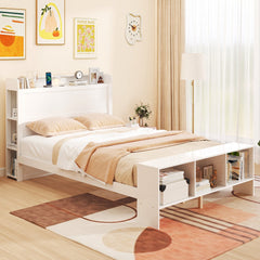 Full Size Bed Frame with Storage Headboard and Footboard, 3 Colour LED Lights and 2 USB Ports, White