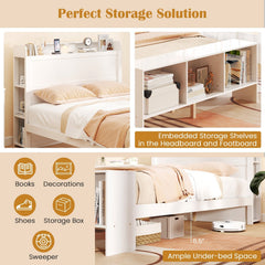 Full Size Bed Frame with Storage Headboard and Footboard, 3 Colour LED Lights and 2 USB Ports, White