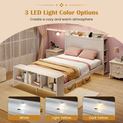 Full Size Bed Frame with Storage Headboard and Footboard, 3 Colour LED Lights and 2 USB Ports, White