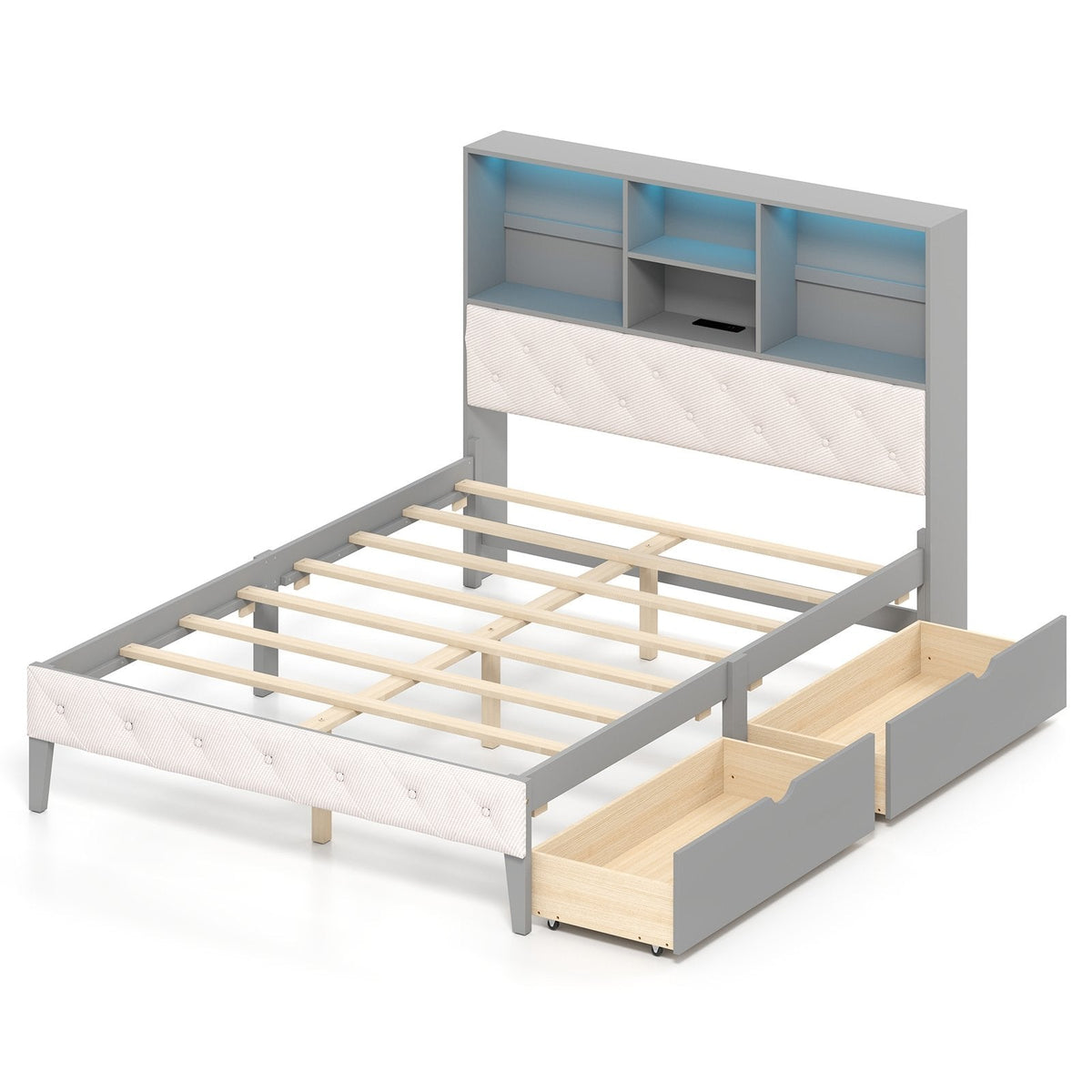Full Size Bed Frame with Upholstered Bookcase Headboard, RGB LED Lights, Charging Station and 2 Drawers, Gray