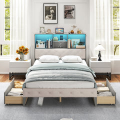 Full Size Bed Frame with Upholstered Bookcase Headboard, RGB LED Lights, Charging Station and 2 Drawers, Gray