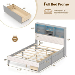 Full Size Bed Frame with Upholstered Bookcase Headboard, RGB LED Lights, Charging Station and 2 Drawers, Gray