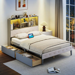 Full Size Bed Frame with Upholstered Bookcase Headboard, RGB LED Lights, Charging Station and 2 Drawers, Gray
