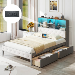 Full Size Bed Frame with Upholstered Bookcase Headboard, RGB LED Lights, Charging Station and 2 Drawers, Gray