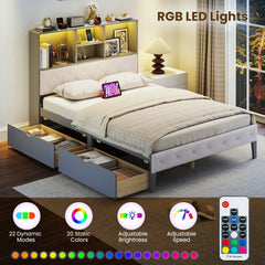 Full Size Bed Frame with Upholstered Bookcase Headboard, RGB LED Lights, Charging Station and 2 Drawers, Gray