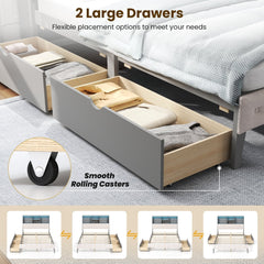 Full Size Bed Frame with Upholstered Bookcase Headboard, RGB LED Lights, Charging Station and 2 Drawers, Gray