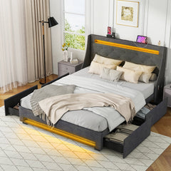 Full Size Upholstered Bed Frame with LED Wingback Headboard, Charging Station and 4 Storage Drawers, Grey