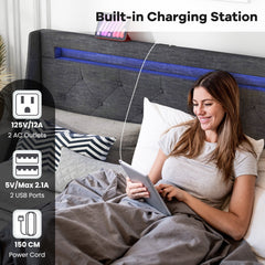 Full Size Upholstered Bed Frame with LED Wingback Headboard, Charging Station and 4 Storage Drawers, Grey