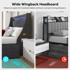 Full Size Upholstered Bed Frame with LED Wingback Headboard, Charging Station and 4 Storage Drawers, Grey