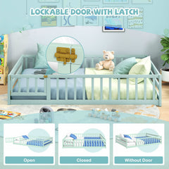 Full Size Floor Bed with Full Length Safety Guardrails-Light Green