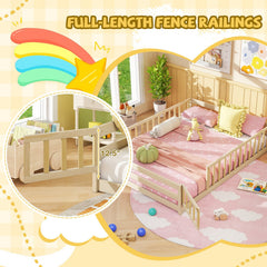 Full Size Floor Bed with Full Length Safety Guardrails-Natural