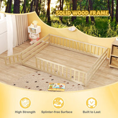Full Size Floor Bed with Full Length Safety Guardrails-Natural