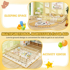 Full Size Floor Bed with Full Length Safety Guardrails-Natural