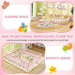 Full Size Floor Bed with Full Length Safety Guardrails-Pink