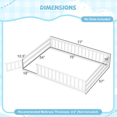 Full Size Floor Bed with Full Length Safety Guardrails-White