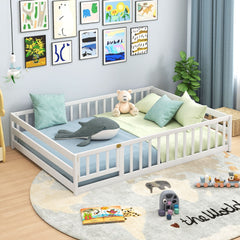 Full Size Floor Bed with Full Length Safety Guardrails-White