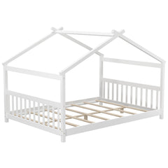 Full Size House Bed Montessori Floor Bed with Fence Rails and Open Roof Frame, White