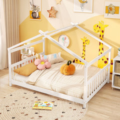 Full Size House Bed Montessori Floor Bed with Fence Rails and Open Roof Frame, White