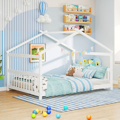 Full Size House Bed Montessori Floor Bed with Fence Rails and Open Roof Frame, White
