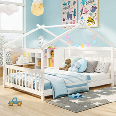 Full Size House Bed Montessori Floor Bed with Fence Rails and Open Roof Frame, White