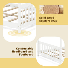 Full Size House Bed Montessori Floor Bed with Fence Rails and Open Roof Frame, White