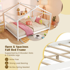 Full Size House Bed Montessori Floor Bed with Fence Rails and Open Roof Frame, White
