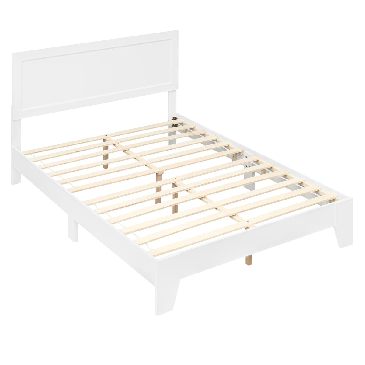 Full Size Modern White Wood Platform Bed with Framed Headboard and Tapered Legs
